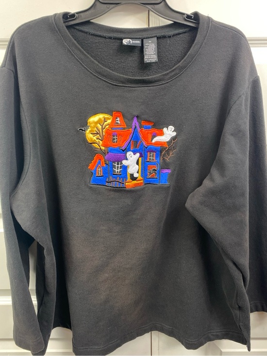 Holiday Editions Sweaters - Halloween Sweatshirt Women’s 3X Ghost Haunted House Moon Felt Embroidered Black